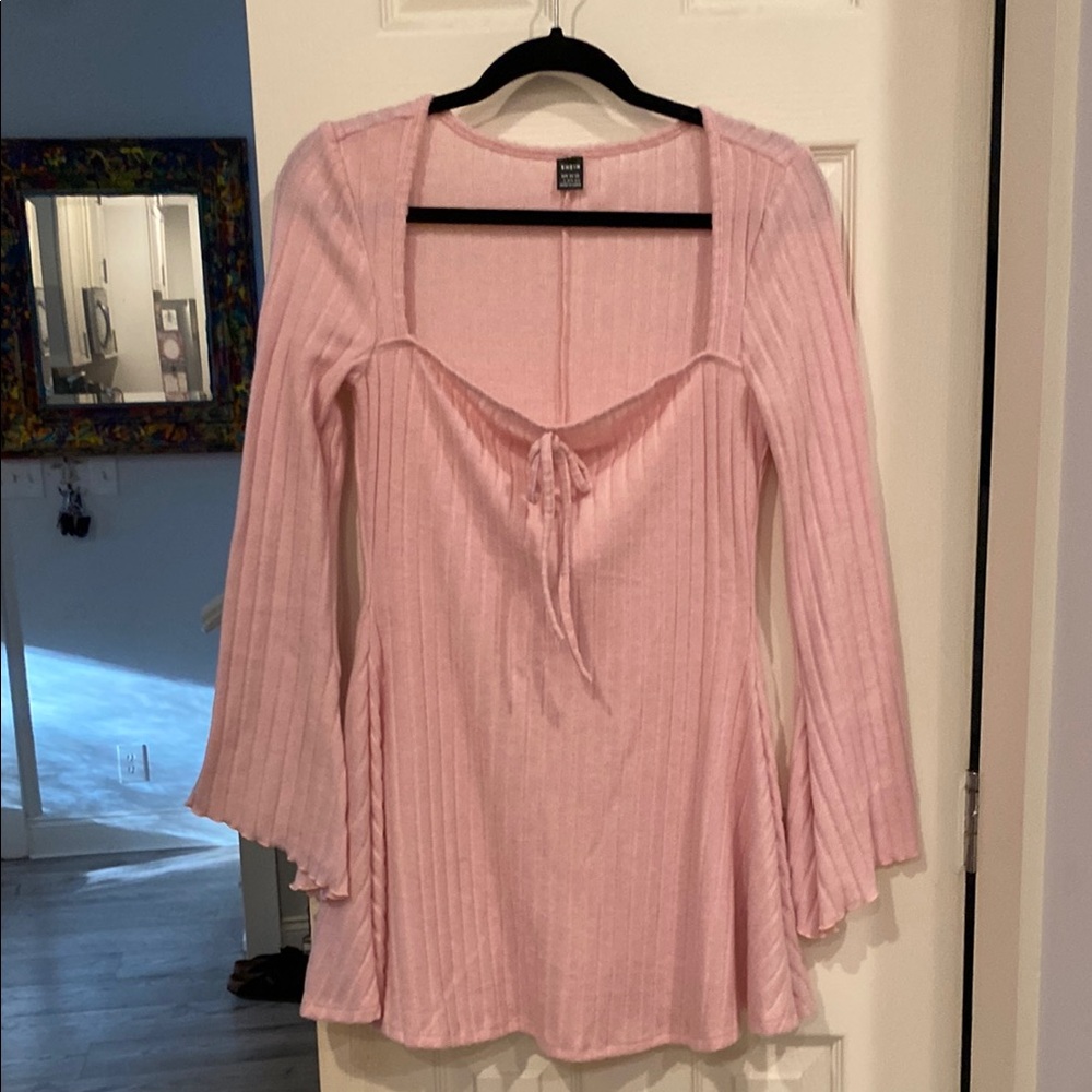 SHEIN Pink Ribbed Mini Dress with 3/4 Sleeves and Tie Front